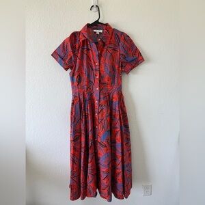 Alexis X. Target Tropical Leaf Dress small Midi Shirt Dress Full Skirt Blue Red